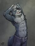  2021 abs anthro armpit_hair biped black_nose body_hair boxers_(clothing) bulge canid canine canis clothed clothing eye_patch eyebrows eyes_closed eyewear fangs fur gloves_(marking) grey_background grey_body grey_fur hands_behind_head head_tuft hi_res k-9 male mammal markings multicolored_body multicolored_fur muscular muscular_anthro muscular_male navel nintendo nipples open_mouth pecs pink_nipples purple_clothing purple_underwear sharp_teeth signature simple_background solo standing star_fox teeth topless topless_anthro topless_male tuft two_tone_body two_tone_fur underwear underwear_only video_games white_body white_fur wolf wolf_o&#039;donnell yawn 