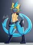  anthro azurioad balls clothing collar cosplay erection genitals hi_res legendary_pok&eacute;mon looking_at_viewer lucario male nintendo open_mouth penis pok&eacute;mon pok&eacute;mon_(species) rubber rubber_clothing rubber_suit simple_background solo suggestive tight_clothing video_games zeraora 