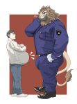  anthro bodily_fluids bottomwear brown_mane bulge chan_kiti_chan_(artist) clothing duo eyewear felid footwear fur glasses hi_res human human_on_anthro interspecies larger_anthro lion male male/male mammal mane muscular muscular_anthro muscular_male pantherine pants police_officer police_uniform pregnant pregnant_male shirt shoes size_difference smaller_human sweat topwear uniform yellow_body yellow_fur 