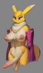  anthro areola armwear balls bandai_namco big_breasts big_penis blue_eyes breasts bridal_gauntlets clothing digimon digimon_(species) eyelashes fur genitals glans grey_background gynomorph hi_res humanoid_genitalia humanoid_penis intersex long_penis mostly_nude multicolored_body multicolored_fur nipples penis renamon saggy_balls simple_background solo standing tan_body tan_fur tenacitrus two_tone_body two_tone_fur wide_hips yellow_body yellow_fur yin_yang 