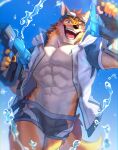  abs anthro bare_chest barrel_(live-a-hero) bottomwear bulge canid canine canis clothing eyewear fingerless_gloves gloves goggles handwear hi_res hip_window lifewonders live-a-hero male mammal manadezimon muscular muscular_anthro muscular_male pecs shorts solo swimwear toy toy_gun video_games water_gun wolf 
