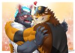  &lt;3 absurd_res anthro barrel_(live-a-hero) black_body black_fur blush canid canine canis chuurow clothing duo embrace eyewear fire flaming_hair flaming_mane fur furlong_(live-a-hero) glasses hat headgear headwear hi_res hug hyaenid lifewonders live-a-hero male male/male mammal multicolored_body multicolored_fur muscular muscular_anthro muscular_male pseudo_hair pseudo_mane romantic romantic_couple shirt smile tank_top topwear video_games wolf 