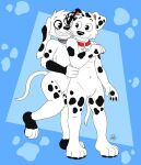  101_dalmatian_street 101_dalmatians 3_fingers 4_toes black_spots blue_background canid canine canis collar covered_breasts dalmatian disney doggettdouglasmcdog dolly_(101_dalmatians) domestic_dog duo dylan_(101_dalmatians) embrace feet female fingers hi_res hug male male/female mammal red_collar simple_background smile spots star teth toes 