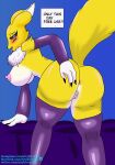  &lt;3 &lt;3_eyes anthro anus artykfrozt bandai_namco butt clothing digimon digimon_(species) english_text female genitals hand_on_butt hi_res legwear nipples pink_nipples pointy_breasts presenting presenting_anus presenting_hindquarters pussy renamon sign simple_background solo text thigh_highs tongue tongue_out url yellow_body 