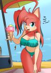  2020 anthro beach big_breasts bikini breasts cleavage clothed clothing cooler curvy_figure dessert detailed_background dialogue digital_media_(artwork) english_text eulipotyphlan eyelashes feet female fingers food fur hair hedgehog hi_res highlights_(coloring) huge_breasts ice_cream juno_(redwulfi) long_hair looking_at_viewer mammal markings mole_(marking) multicolored_body multicolored_fur multicolored_hair navel no_man&#039;s_sky red_body red_fur red_hair sandwich-anomaly sea seaside smile solo swimwear talking_to_viewer tan_body tan_fur teal_eyes teal_hair teal_highlights text thick_thighs toes tongue two_tone_body two_tone_fur umbrella voluptuous water wide_hips 
