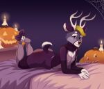  anthro antlers bed blonde_hair blue_eyes candle cervid clothing cloven_hooves damon_fallow fishnet fishnet_legwear fishnet_shirt fur furniture girly hair halloween holidays hooves horn jack-o&#039;-lantern kadzukai legwear looking_at_viewer lying male mammal markings on_bed on_front purple_body purple_fur simple_background solo spider_web white_markings 