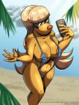  2021 3:4 anthro areola areola_slip beach big_breasts bikini blonde_hair brain_(inspector_gadget) breasts canid canine canis cellphone clothed clothing crossgender domestic_dog eyewear female hair hi_res high-angle_view holding_cellphone holding_object holding_phone humanoid_hands inspector_gadget_(franchise) mammal mtf_crossgender nipple_outline nipples outside phone portrait seaside sling_bikini solo standing sunglasses swimwear three-quarter_portrait tiquitoc yellow_body 