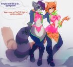  anthro bottomwear braided_hair bulge clothed clothing domestic_cat duo english_text felid feline felis female girly hair jacket kardie male malina_(athiesh) mammal pasties procyonid raccoon skimpy skirt tabby_cat tak_(thetak) text topwear translucent translucent_clothing 