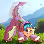  1:1 2021 blue_hair brown_eyes clothing costume dragon_costume equid equine friendship_is_magic grass hair hasbro hi_res hitch_trailblazer_(mlp) hooves horse mammal mlp_g5 my_little_pony plant pony shadowreindeer smile solo spike_(mlp) tail_motion tailwag 