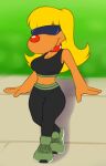  2021 anthro billboi blonde_hair bottomwear brain_(inspector_gadget) breasts canid canine canis cleavage clothed clothing collar crop_top crossgender domestic_dog eyewear female footwear full-length_portrait fully_clothed hair inspector_gadget_(franchise) mammal mtf_crossgender pants portrait red_nose shirt shoes solo sunglasses topwear 
