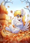  2021 absurd_res autumn blonde_hair dandy_(artist) derpy_hooves_(mlp) equid equine eyebrow_through_hair eyebrows eyelashes feathered_wings feathers female feral food friendship_is_magic fruit fur grey_body grey_fur hair hay hay_bale hi_res inner_ear_fluff leaf looking_at_viewer mammal my_little_pony open_mouth open_smile pegasus plant pumpkin smile solo translucent translucent_hair tree tuft wings yellow_eyes 