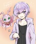  anthro bandage bandai_namco blush chibi clothing digimon digimon_(species) digimon_story duo fucoidance hair hi_res human jacket male mammal marineangemon pink_body purple_hair topwear wings yu_nogi 