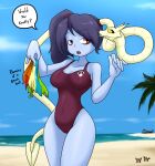  2020 beach big_breasts blue_body blue_hair blue_skin breasts cleavage clothed clothing curvy_figure detailed_background dialogue digital_media_(artwork) english_text female fingers hair hi_res humanoid living_tail not_furry one-piece_swimsuit outside pigtails red_eyes sandwich-anomaly sea seaside skullgirls solo squigly standing swimwear text thick_thighs undead unusual_anatomy unusual_tail video_games voluptuous water wide_hips zombie 