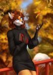  2021 5_fingers anthro blue_eyes book breasts brown_hair canid canine clothed clothing day detailed_background digital_media_(artwork) elvofirida female fingers hair hi_res mammal outside samantha_(syronck01) sky smile solo 
