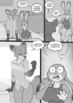  anthro big_breasts bottomwear breasts canid canine chair clothed clothing comic dialogue disney english_text female fox freckles_(artist) furniture judy_hopps lagomorph leporid male mammal monochrome nick_wilde pants rabbit shirt sitting text topwear zootopia 