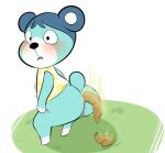  animal_crossing anthro anus bluebear_(animal_crossing) blush bottomless clothed clothing crouching digital_media_(artwork) feces female filth filthy fur genitals grass hair humanoid_genitalia humanoid_pussy mammal nervous nintendo plant pooping pooping_on_floor pooping_on_grass pussy round_tail scat simple_background skunkbutts solo stink_lines tagme ursid ursine video_games 