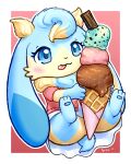  2021 blue_body blue_eyes blue_fur blush butt chibi clothing dessert dewlap_(anatomy) digital_media_(artwork) dress female floppy_ears food fur hi_res ice_cream ice_cream_cone jacket kemono lagomorph leporid long_ears lop_ears mammal multicolored_body multicolored_fur pyritie rabbit semi-anthro simple_background smile sofu_(pyritie) solo swirl tan_body tan_fur thick_thighs tongue tongue_out topwear two_tone_body two_tone_fur 