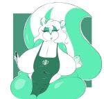  absurd_res anthro apron apron_only arizonathevixen big_breasts breasts clothing container cup curvaceous curvy_figure facial_piercing female fluffy fluffy_tail fur green_apron green_body green_fur green_lips hair hi_res i_mean_breast_milk lavender_(arizonathevixen) lips looking_at_viewer mammal meme mephitid mostly_nude nose_piercing pen piercing red_eyes simple_background skunk solo starbucks striped_skunk thick_thighs voluptuous white_hair 