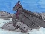  3_fingers black_body black_scales countershading dragon feral fingers male outside partially_submerged purple_body purple_countershading rock scales secoh_(character) sky smile solo spikes spikes_(anatomy) tylon_(artist) water wings yellow_sclera 