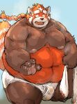  2021 ailurid anthro balls_outline belly blush brown_body bulge clothing genital_outline humanoid_hands kemono kotobuki lifewonders male mammal moobs navel nipples obese obese_male orange_body overweight overweight_male penis_outline red_panda sitting solo tokyo_afterschool_summoners towel underwear video_games zhurong_(tas) 