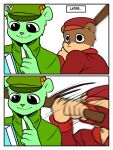  3:4 angry anthro book comic duo ev_htf_(artist) flippy_(htf) frown fur green_body green_fur happy_tree_friends hi_res humor imminent_pain male mammal meme oblivious pop_(htf) smile ursid 