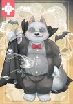  2020 absurd_res anthro aotoaka black_nose blush bottomwear bow_tie clothing cute_fangs eyes_closed fur grey_body grey_fur halloween halloween_costume hi_res holidays humanoid_hands kemono male mammal overweight overweight_male pants procyonid raccoon shirt solo topwear 
