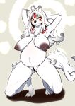  amaterasu anthro areola belly big_belly big_breasts biped black_nose blush body_blush breasts canid canine capcom censor_bar censored chest_tuft dark_areola dark_nipples deity digitigrade facial_markings female fluffy fluffy_tail front_view full-length_portrait fur hair hands_behind_head head_markings hi_res ineffective_censorship j7w kemono kneeling looking_aside mammal markings nipples nude paws portrait pregnant puffy_areola pussy_blush raised_arms red_markings smile solo tuft video_games white_body white_fur white_hair yellow_eyes ōkami 