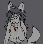  anthro bags_under_eyes belly_tuft blood blood_on_arm blood_on_chest blood_on_clothing blood_on_hand bodily_fluids canid canine chest_tuft chipped_ear clothed clothing covering covering_mouth eye_roll fox hair male mammal messy_hair sad sog_(squishy) solo squishy_(artist) topless tuft underwear underwear_only 
