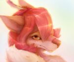  2019 6:5 accessory amber_eyes anthro black_nose brown_body brown_fur canid changeling_tale female fur hair hair_accessory hairband headshot_portrait jessie_(changeling_tale) looking_at_viewer mammal mewmus pink_body pink_fur pink_hair portrait simple_background solo white_background 