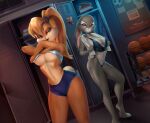  2021 anthro blonde_hair blue_eyes breasts cleavage clothed clothing crossover disney duo felox08 female fur grey_body grey_fur hair half-closed_eyes judy_hopps lagomorph leporid locker_room lola_bunny looney_tunes mammal multicolored_body multicolored_fur narrowed_eyes purple_eyes rabbit space_jam tan_body tan_fur two_tone_body two_tone_fur under_boob undressing warner_brothers zootopia 