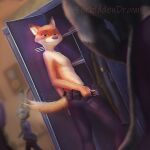  1:1 2021 anthro bedroom_eyes belt black_nose bottomwear canid canine clothed clothing digital_media_(artwork) disney female forbiddendraws fox fur grey_body grey_fur group hi_res judy_hopps lagomorph leporid locker locker_room looking_at_another looking_at_viewer looking_back looking_back_at_viewer male mammal narrowed_eyes nick_wilde nipples orange_body orange_fur pants rabbit rear_view seductive signature smile solo_focus standing topless topless_male undressing utility_belt zootopia 