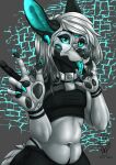  2021 5_fingers absurd_res anthro black_nose blep clothed clothing digital_media_(artwork) facial_piercing fingers hair hi_res melziszondi midriff navel nose_piercing nose_ring piercing solo tongue tongue_out white_hair 