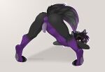  anthro ass_up balls black_body black_fur butt canid canine canis erection fur genitals hair hi_res jack-o&#039;_pose male mammal mishy nude pawpads penis pose purple_body purple_eyes purple_fur simple_background smile solo uthav wolf 