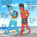  1:1 anthro anthrofied backpack beach dialogue duo english_text fuze gao_(fuze) hair hi_res lucas_(fuze) male marshtomp navel nintendo nipples pok&eacute;mon pok&eacute;mon_(species) pok&eacute;morph public sea seaside text torracat towel towel_only video_games walking water 