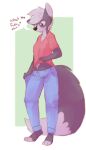  2018 4:7 anthro barefoot barley_(elijah-draws) black_nose bottomwear canid canine canis clothed clothing conditional_dnp denim denim_clothing dialogue digital_media_(artwork) domestic_dog elijah-draws english_text feet female fully_clothed fur grey_body grey_fur hi_res jeans mammal midriff pants shirt solo speech_bubble standing text topwear white_body white_fur 