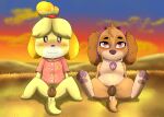 anatomically_correct anatomically_correct_genitalia anatomically_correct_pussy animal_crossing animal_genitalia animal_pussy anthro anus blush canid canine canine_pussy canis clothed clothing collar conditional_dnp domestic_dog duo female female/female feral genitals hi_res isabelle_(animal_crossing) looking_at_viewer mammal nintendo no_pants no_underwear paw_patrol pussy shirt skye_(paw_patrol) spread_legs spreading topwear video_games xxgato 