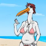  1:1 5_fingers absurd_res anthro avian beach beak belly big_belly big_breasts bikini bikini_bottom bikini_top bird breasts cayugo cel_shading cigarette cigarette_smoke clothed clothing cloud colored_nails cross eyelashes eyeshadow feathers female fingers green_eyes hair half-closed_eyes hand_on_hip hi_res long_nails looking_at_viewer makeup nails narrowed_eyes navel nipple_outline non-mammal_breasts open_mouth orange_beak palm_up potbelly pubes pubic_hair_peek purple_eyeshadow raised_hand red_hair red_pubes religion sand sea seaside shaded sky smile smoke smoking solo stephanie_(cayugo) stork swimwear water white_body white_feathers 
