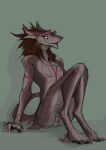  anthro balls bodypaint brown_body brown_fur butt claws face_paint fur genitals girly green_eyes hi_res legs_together linuell looking_at_viewer male markings nude paws ramon_nemeris red_markings sergal simple_background sitting sketch smile smiling_at_viewer solo teasing toe_claws 
