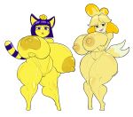  absurd_res animal_crossing ankha_(animal_crossing) anthro areola arms_under_breasts bedroom_eyes big_areola big_breasts big_nipples black_eyes blonde_hair blue_eyes blue_hair breasts canid canine canis domestic_cat domestic_dog duo felid feline felis female genitals hair hand_on_breast hi_res holding_breast huge_breasts isabelle_(animal_crossing) looking_at_viewer mammal narrowed_eyes nintendo nipples nude open_mouth open_smile pussy seductive shih_tzu simple_background smile tasteofchoklit thick_thighs toy_dog video_games yellow_body 