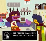  2021 amii-stuff animate_inanimate anthro calendar clothed clothing crossover deltarune dialogue digital_media_(artwork) dinosaur don&#039;t_hug_me_i&#039;m_scared duo english_text fangs female hair human humor kitchen knife kris_(deltarune) kris_where_are_we lizard male mammal meme profanity purple_body radio reptile scalie sketchbook_(dhmis) susie_(deltarune) teeth text undertale_(series) video_games 