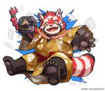  2021 absurd_res ailurid anthro asian_clothing biped black_body black_nose camera clothing cute_fangs east_asian_clothing feet hi_res humanoid_hands japanese_clothing kemono lifewonders mammal red_body red_panda silentyed slightly_chubby solo text tokyo_afterschool_summoners url video_games zhurong_(tas) 