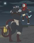  2021 action_pose anthro armor backsack ball_bra balls big_balls black_body bottomwear butt claws clothed clothing duo fire genitals headgear helmet hi_res horn kobold kuno_bloodclaw loincloth long_tail male male/male mammal moon murid murine muscular night partially_clothed penis pose rat red_eyes rodent signature size_difference skaven sky smile spikes teeth tongue tools warhammer_(franchise) warhammer_fantasy wh wolfarion yellow_eyes 