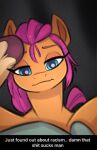  2021 blue_eyes english_text equid equine female feral frown hair hasbro hi_res hooves horse mammal meme mlp_g5 my_little_pony nude orange_body pink_hair pony profanity selfie siroc solo sunny_starscout_(mlp) text 