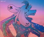  anthro asriel_dreemurr_(god_form) bovid caprine clothing colorful goat jacket lofihill looking_at_viewer looking_back male mammal moon rear_view simple_background smile smirk solo star topwear undertale undertale_(series) video_games 