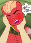  2021 badumsquish blonde_hair blush dialogue english_text equid equine eyes_closed fur hair hasbro hi_res horse human humanoid_hands male mammal mlp_g5 my_little_pony open_mouth pony red_body red_fur sprout_cloverleaf_(mlp) text yelling 