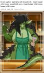  apron apron_only beverage black_hair breasts clenched_fists clothing coffee coffee_cup coffee_shop container cup curved_horn doodlelu1992 dragon english_text esmareld female green_apron green_body hair hi_res horn i_mean_breast_milk looking_at_viewer meme milk mostly_nude nipple_piercing nipples piercing solo spiked_tail spikes spikes_(anatomy) text xyluc 