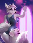  anthro big_butt breasts butt canid canine clothed clothing dannyckoo female fur grey_body grey_fur hi_res mammal one-piece_swimsuit solo surfboard swimwear 