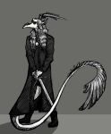  anthro beak black_and_white black_clothing boots bottomwear clothing corpse_paint crying_orc curled_hair dragon feathers footwear hair hi_res holding_object holding_sword holding_weapon horn kekht_arakh long_hair makaronnie male melee_weapon monochrome pants signature simple_background solo standing sword tail_feathers weapon 