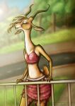  2017 antelope anthro blonde_hair bottomwear bovid bra clothed clothing detailed_background disney eyes_closed female gazelle gazelle_(zootopia) hair hi_res horn long_body long_neck mammal midriff outside railing riesahenki signature skirt solo underwear wind zootopia 