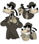  anthro black_eyes black_nose black_tie_(suit) canid canine canis cigar cigar_in_mouth clothed clothing disney domestic_dog gangster gloves goofy_(disney) grin gun half-closed_eyes handwear hat headgear headwear holding_object mafia male mammal mobster money narrowed_eyes necktie ranged_weapon simple_background smile solo suit two0ps weapon white_background 